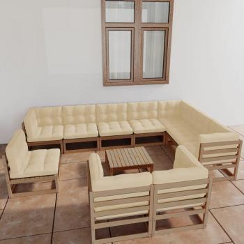 Set de muebles de jardín 11 piezas con cojines, fabricado en madera de pino color marrón miel