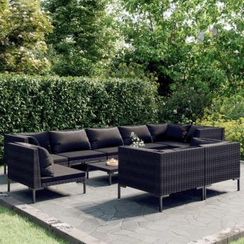 10-Piece Dark Grey Poly Rattan Garden Lounge Set with Cushions
