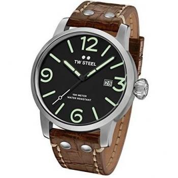 TW Steel Maverick Men's Quartz Watch with Black Dial Analogue Display and Brown Leather Strap MS12