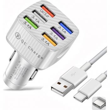 Cargador USB para coche rápido 75W con 6 puertos QC 3.0 para smartphones Xiaomi e iPhone 13 Pro Max, 12 y 11