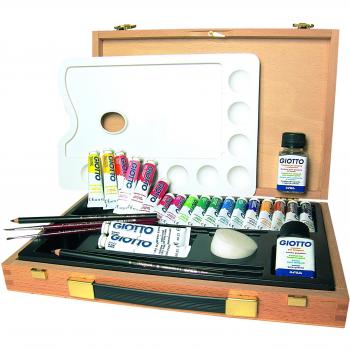 Giotto 507400 - Maletín de madera con témperas en tubo, 18 x 12 ml + 2 x 21 ml, y accesorios para iniciarse en la pintura