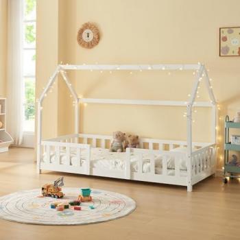 Cama Infantil Sisimiut de Madera de Pino 90x200 cm con Reja Protectora y Diseño en Forma de Casa - Blanco Mate