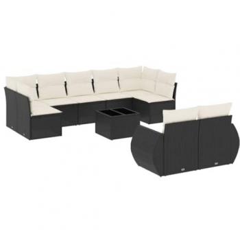 10-Piece Black Poly Rattan Garden Sofa Set with Cushions