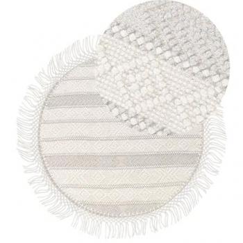 Alfombra Redonda Beige de Lana y Poliéster ⌀ 140 cm Tejida a Mano con Franja y Patrón Geométrico