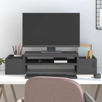Soporte de monitor de madera maciza de pino gris 70x27,5x15 cm