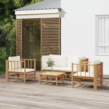 5 Piece Bamboo Garden Lounge Set with Cream White Cushions