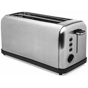 Princess 142389 Tostadora de doble ranura larga, 6 grados de tostado, Funciones de descongelado, de calentamiento y de cancelación, Bandeja migas extraíble, 1500 W, Acero inoxidable
