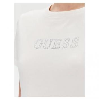 Camiseta de Algodón Blanca con Logo Frontal y Strass Regular Fit para Mujer