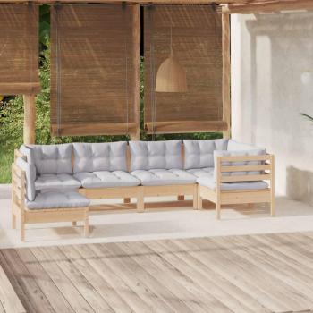 6-Piece Pinewood Garden Lounge Set with Grey Cushions