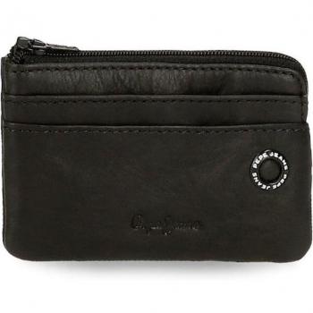 Monedero Pepe Jeans Badge Negro de piel genuina con diseño de placa metálica