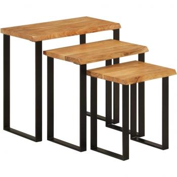 Set de 3 mesas apilables de madera acacia maciza con bordes vivos