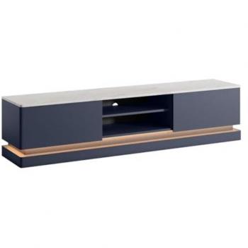 Mueble TV DEVIKA de Pascal MORABITO con 2 cajones y 2 estantes, LEDs, MDF en color azul y efecto mármol blanco