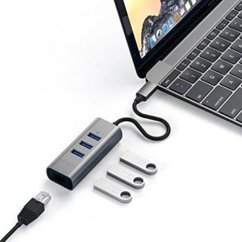 Satechi Type-C 2-in-1 USB 3.0 Aluminum 3 Port Hub and Ethernet Port for MacBook Pro, MacBook, ChromeBook Pixel (Space Gray)