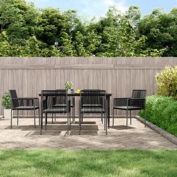 7 Piece Outdoor Dining Set with Cushions Black Poly Rattan and Steel