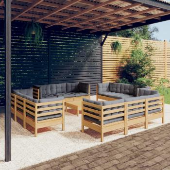13-Piece Pinewood Garden Lounge Set with Gray Cushions