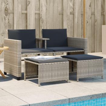 Sofá de jardín 2 plazas con mesa y taburetes de ratán PE gris claro vidaXL
