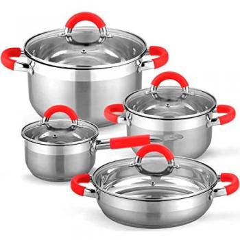 Batería de Cocina Set 8 Piezas Acero Inoxidable Morado con Asas de Silicona, Compatible con Inducción, Gas y Vitro, Incluye Tapa de Vidrio Templado