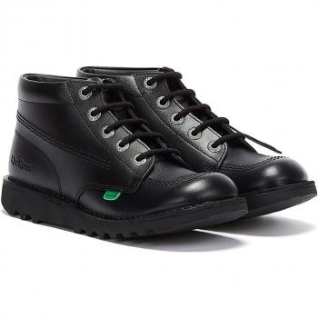 Kickers Kick Hi Leather Black Boots - Youth Unisex, Lace-Up, Size: 3 (UK), Standard Fit