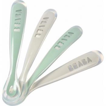 BEABA Juego de 4 cucharas de silicona para bebé 1ª edad, velvet gris/ verde salvia