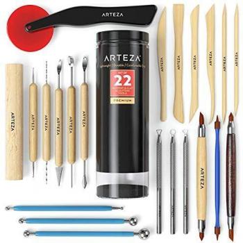 ARTEZA Herramientas de esculpir arcilla y cerámica | Kit de 22 piezas en tubo de plástico | Utensilios de escultura para artesanías de arcilla, cerámica, y manualidades de vacaciones