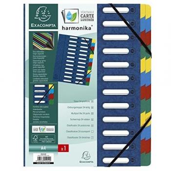 Clasificador Harmonika Â® lomo extensible con gomas y ventanas troqueladas, tamaño 24x32 cm para A4, 24 compartimentos, color azul
