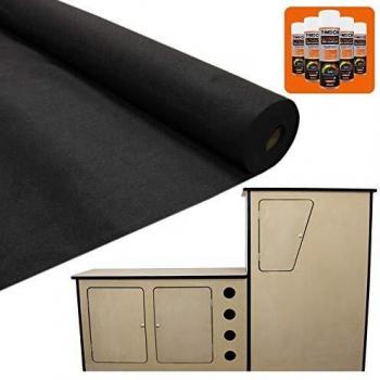 MonsterShop 11 m2 Alfombra de la Furgoneta Negro Forro de Tela de la Tapicería del Coche Cocina para Autocaravana Càmper de Madera con Decoración en Negro con 5 Latas Gratis de Adhesivo