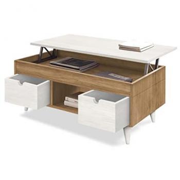 Mesa Centro Elevable Scala de Madera Maciza Natural, Color Madera Encerada y Blanco - 100cm x 50cm x 47cm