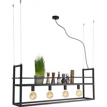 Lámpara colgante industrial negra con estante grande de 4 luces modelo CAGE Rack, dimensiones 118 x 25 x 150 cm, fabricada en acero negro