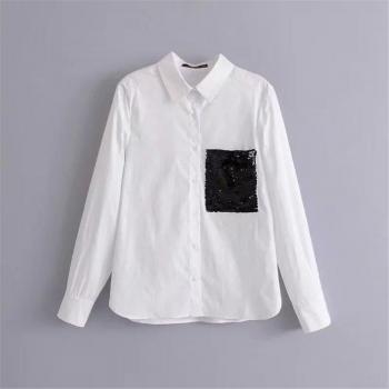 Señoras de moda Casual camisa todo el partido delgada camisa de manga larga estilo de bolsillo,Blanco,S