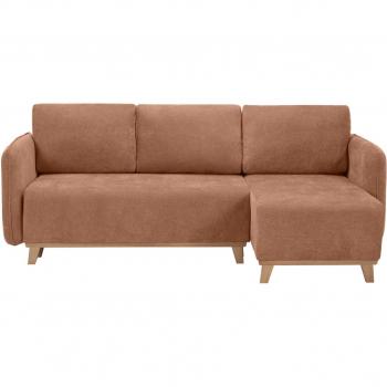 Sofá cama chaise longue reversible 3-4 plazas de tejido efecto aterciopelado terracota y madera clara ROMANE