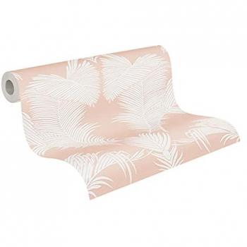 Papel Pintado Vlies Trendwall Floral Tropical con Diseño de Palmera, Brillante, 0.53 x 10 m, Color Blanco y Rosa