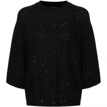 Fabiana Filippi Women's Round-neck Wool And Silk Blend Top in Black, Size Medium, Three-Quarter Sleeves