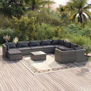 11-Piece Grey Poly Rattan Garden Lounge Set with Cushions