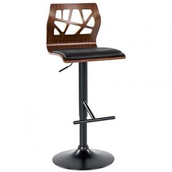 Silla de Bar Giratoria de Madera Oscura y Cuero Sintético Negro con Reposapiés y Altura Ajustable
