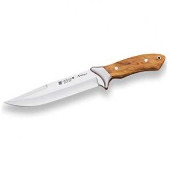 Cuchillo de Cazador Antílope CO02, Enterizo con Virola y Cachas de Madera de Olivo, Hoja Recta de 19,5 cm, Funda de Cuero Marrón, Ideal para Pes