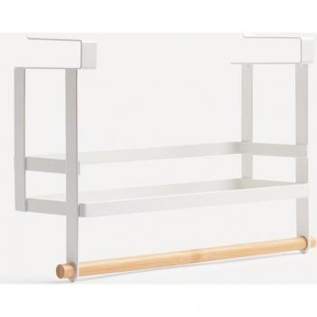 Organizador de cocina con estantes y ganchos para colgar, ideal para maximizar el espacio en tu cocina.