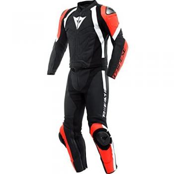 Traje de moto de cuero Dainese Avro 4, tipo 2 piezas, color negro, blanco y rojo, talla 58