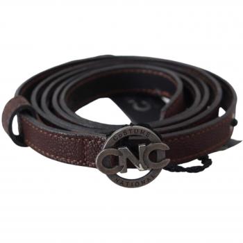 Costume National Brown Skinny Leather Round Logo Buckle Belt - 100 cm / 40 Inches