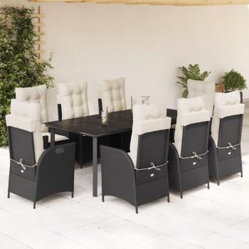 Set de comedor de jardín 9 piezas con cojines en ratán sintético negro