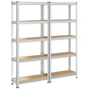 Estantes de almacenamiento de 5 niveles, 2 unidades, acero plateado y madera compuesta