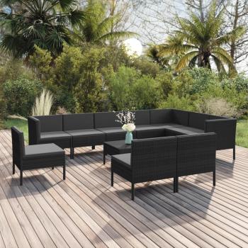 11-Piece Black Poly Rattan Garden Lounge Set with Cushions