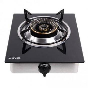 Muvip Cocina de Gas Inoxidable 1 Fuego con Cristal Templado y Encendido Piezoeléctrico, Quemador de Hierro Fundido Desmontable