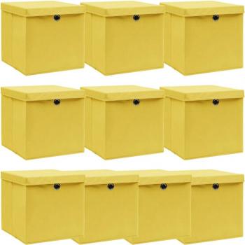 Cajas de almacenaje con tapas 10 uds tela amarillo 32x32x32 cm
