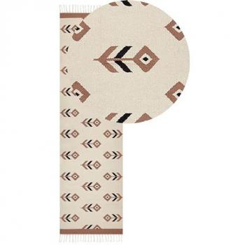 Alfombra Kilim Rectangular Beige y Negro de Algodón 80 x 300 cm Reversible de Pelo Bajo con Patrón Geométrico