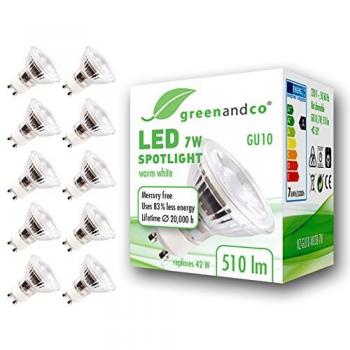 10x Spot LED greenandco® IRC90+ 3000K 36° GU10 7W
