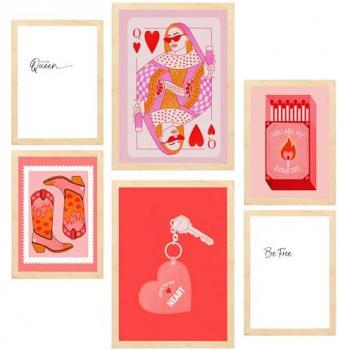 Set de 6 Pósters de Arte Moderno en Rosa con Ilustraciones para Decorar Paredes del Hogar - Tamaños A3 y A4, Sin Marco y con Marco de Madera Clara