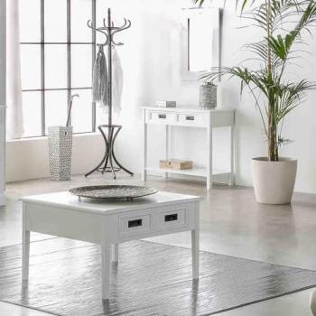 Mesa de centro Wanderlust Deco de madera blanca 80x80x50 cm, estilo romántico, con 2 puertas y 4 cajones