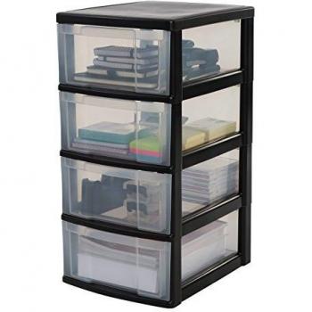 Iris Ohyama, Torre de almacenamiento, 4 cajones de 11 L, con ruedas, asas ergonómicas, oficina, baño, garaje - New Chest NMC-004 - Negro