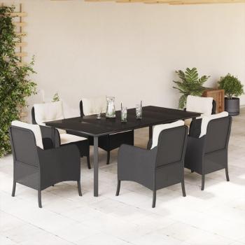 7-Piece Black Poly Rattan Garden Dining Set with Cushions