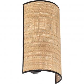 Aplique de pared Emibig Aston, altura 32 cm, diseño de ratán negro con pantalla de tela marrón, 1x E14